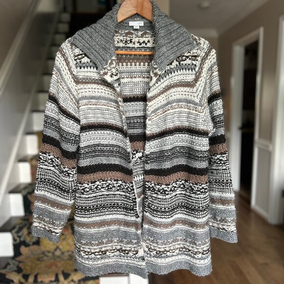 J. Jill Chunky Wool Blend Open Cardigan Nordic Sweater Neutral Stripe Size SP - Picture 2 of 10